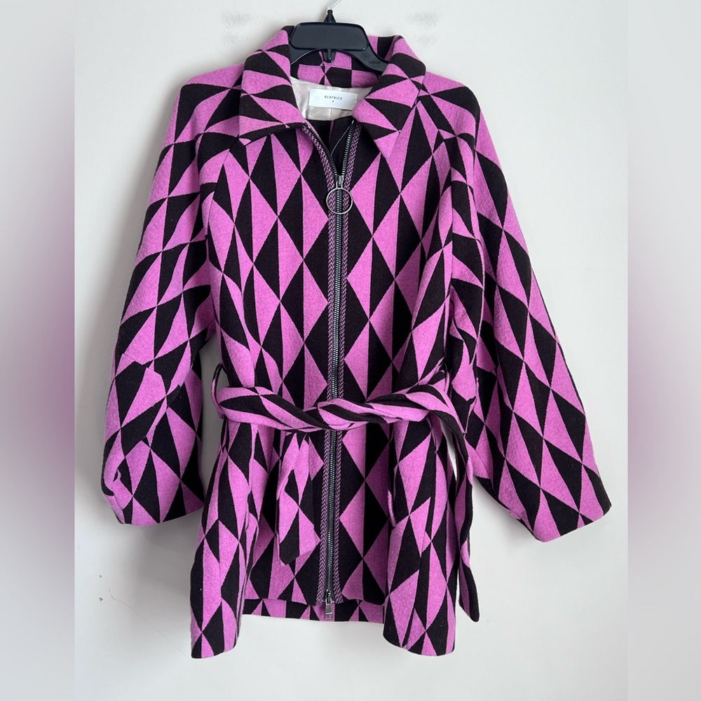 Anthropologie Beatrice B Wool Topcoat Belted Retro Geometric Print Sz XS